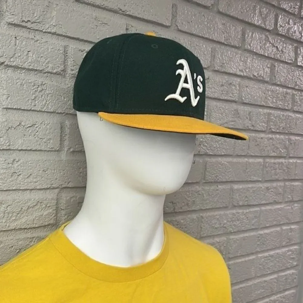 New Era Authentic A’s Cap Size 7 3/8 Unisex Green & Yellow Hat <3